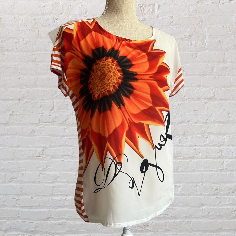 Desigual Sunflower Graphic Side Stripe T-Shirt Size L